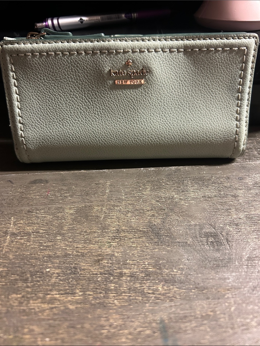 kate spade Mint Green Pebbled Leather Zip Wallet with Gold Logo